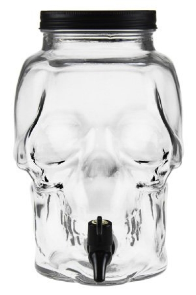 Getränkespender Totenkopf 3000ml aus Glas, mit Hahn, kompl. mit schwarzem Deckel
